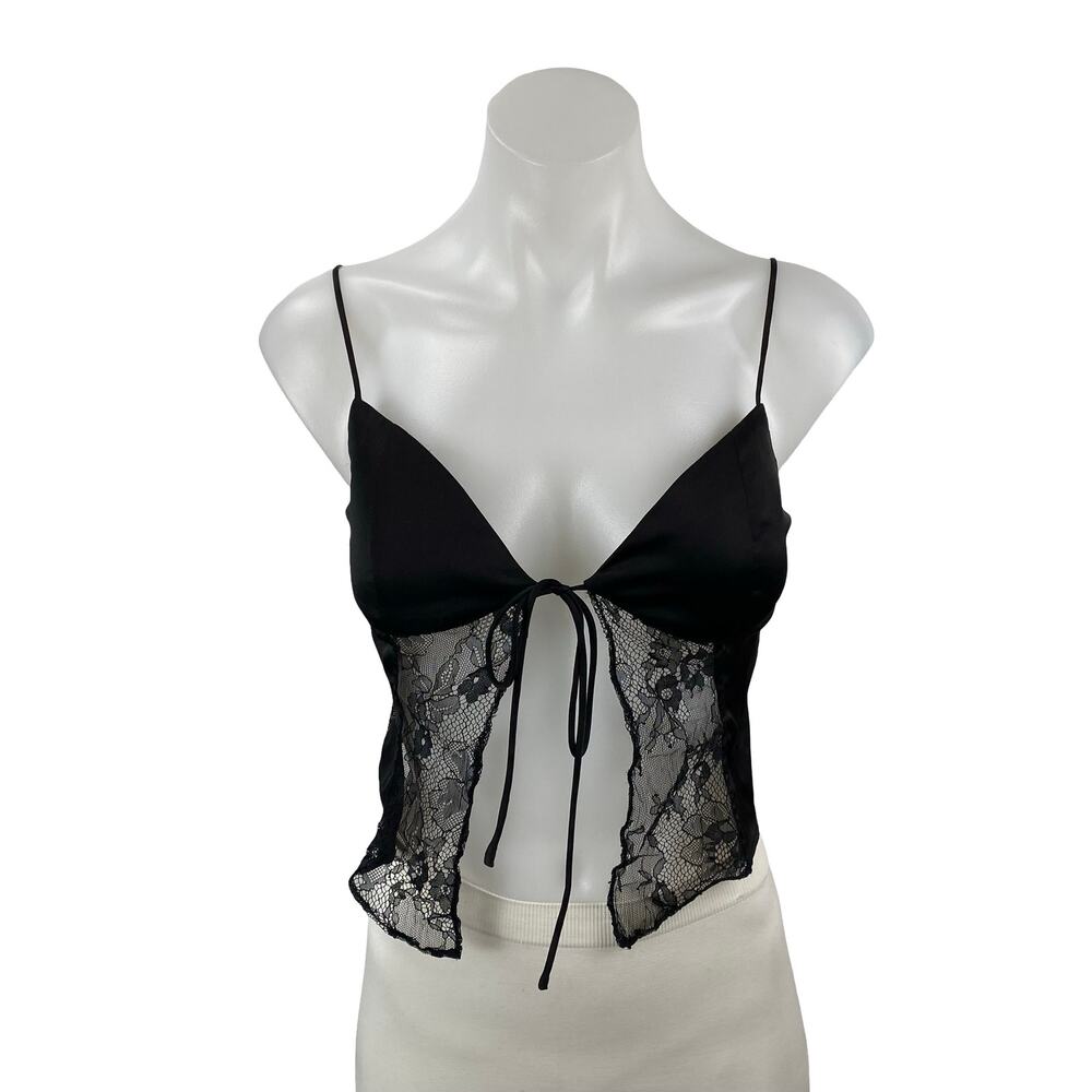 Guizio Lace Tie Womens Black Satin Floral Sheer Mesh Sleeveless Cami Tank Top XS